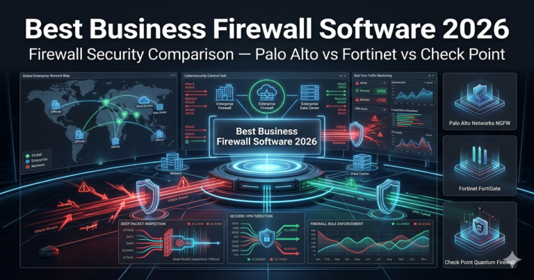 Best business firewall software 2026 cybersecurity network showing firewall protection dashboards intrusion prevention and global cyber threat blocking systems
