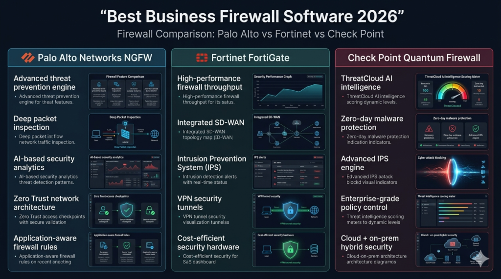Business firewall software comparison infographic showing Palo Alto Networks Fortinet FortiGate and Check Point Quantum with network security features intrusion prevention and enterprise threat protection systems