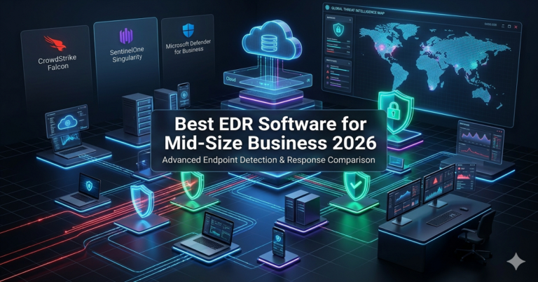 Best EDR software for mid-size business 2026 cybersecurity dashboard with endpoint detection and response protection visuals
