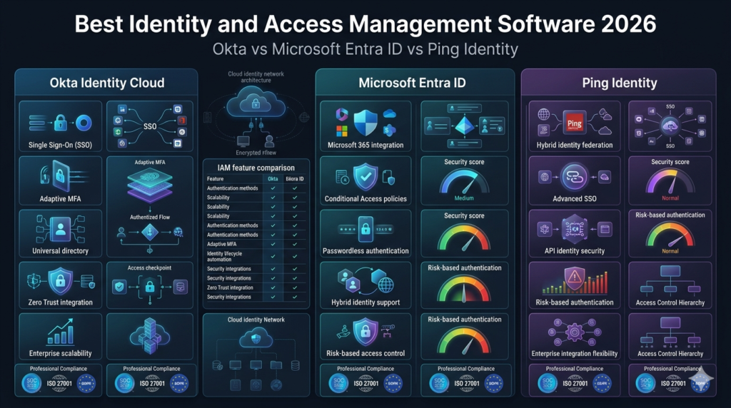 Identity and access management software comparison infographic showing Okta Microsoft Entra ID and Ping Identity with SSO MFA and cloud identity security features