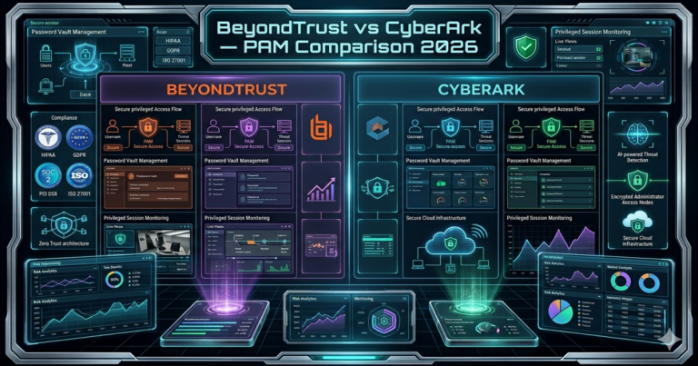 BeyondTrust vs CyberArk PAM comparison 2026 cybersecurity enterprise security illustration