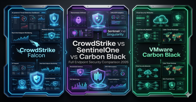 CrowdStrike vs SentinelOne vs Carbon Black endpoint security comparison featured image with AI cybersecurity dashboards
