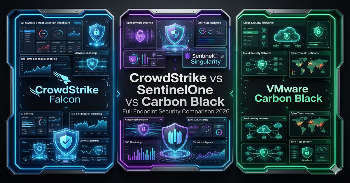 CrowdStrike vs SentinelOne vs Carbon Black endpoint security comparison featured image with AI cybersecurity dashboards