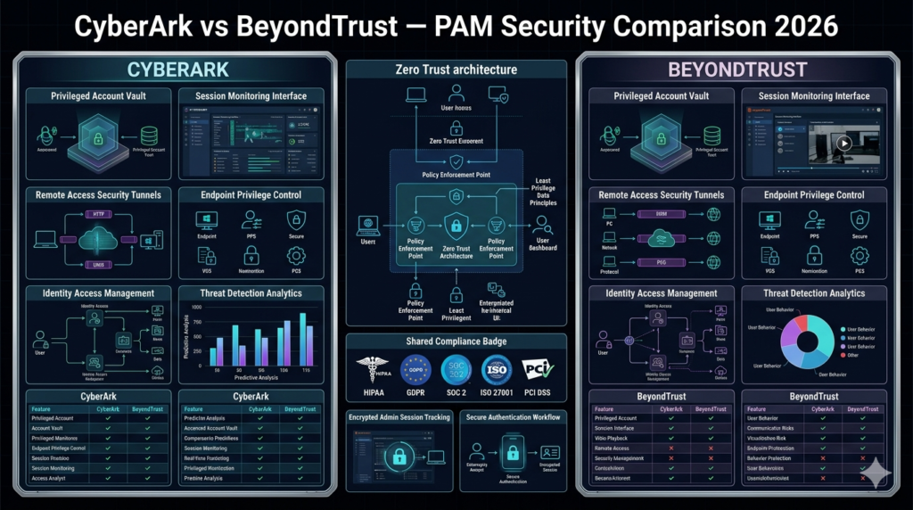 CyberArk vs BeyondTrust privileged access management comparison dashboard for enterprise security 2026