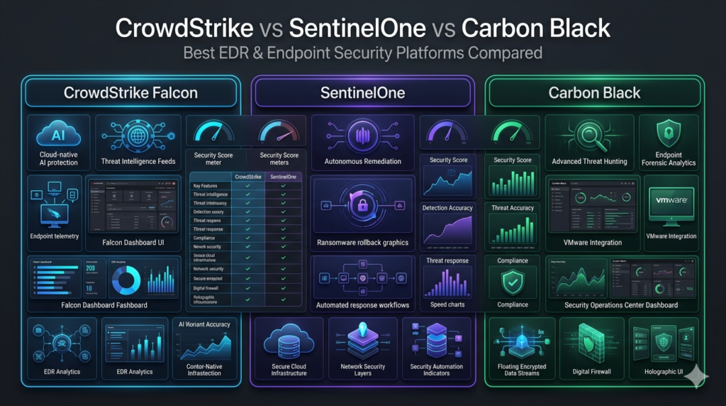 CrowdStrike SentinelOne and Carbon Black endpoint security comparison infographic with EDR dashboards