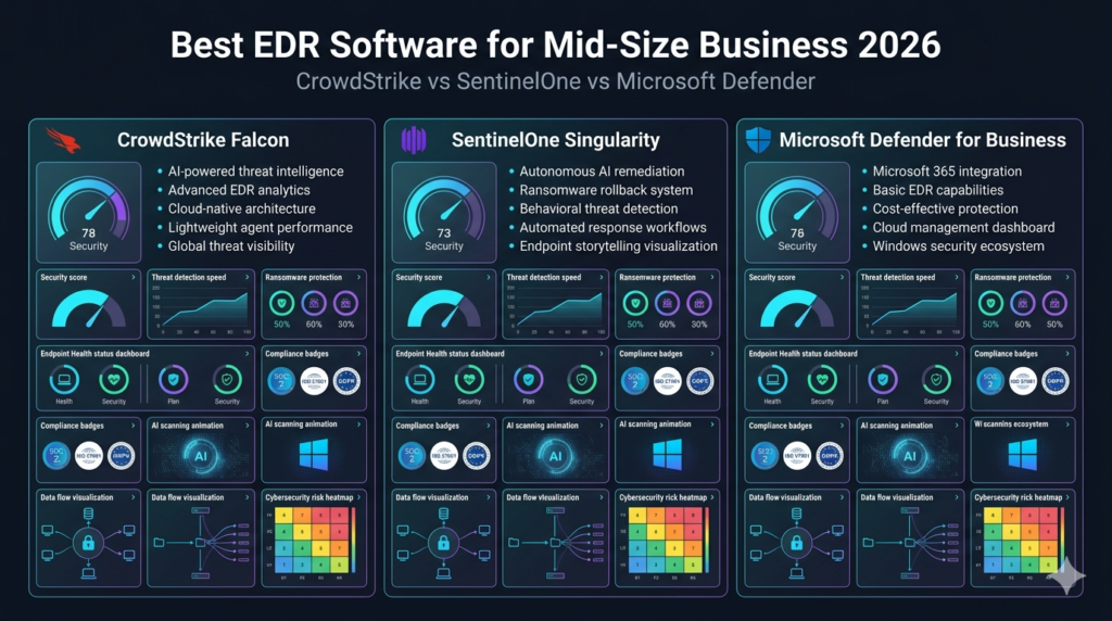 EDR software comparison infographic for mid-size business showing CrowdStrike SentinelOne and Microsoft Defender