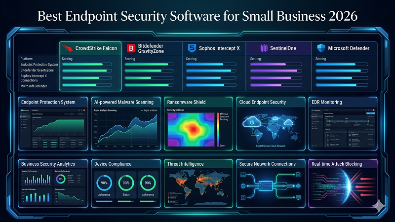 Endpoint security software comparison infographic for small business cybersecurity in 2026