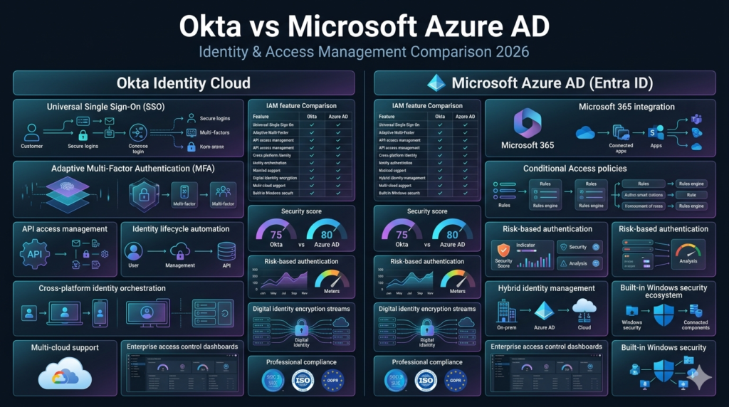 Identity and access management comparison infographic showing Okta Identity Cloud vs Microsoft Entra ID with SSO MFA conditional access and hybrid identity security features