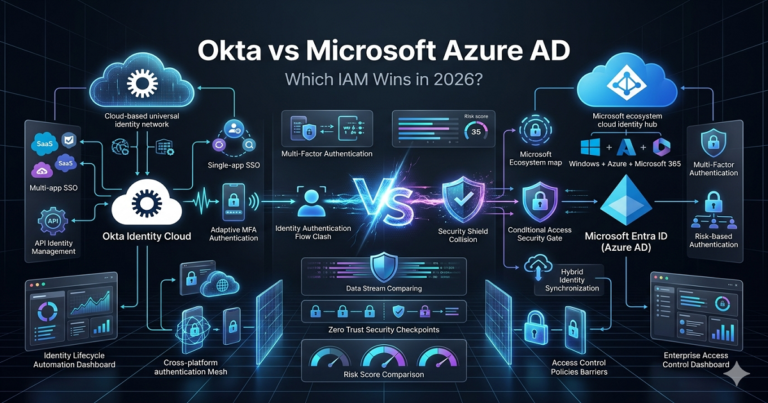 Okta vs Microsoft Azure AD identity and access management comparison showing IAM security dashboards SSO MFA and Zero Trust architecture