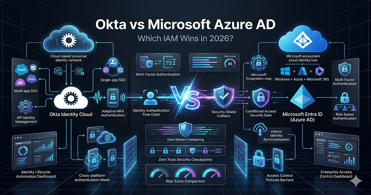 Okta vs Microsoft Azure AD identity and access management comparison showing IAM security dashboards SSO MFA and Zero Trust architecture