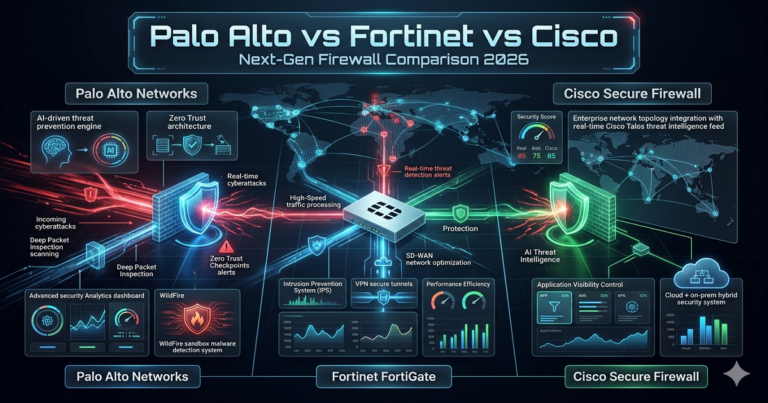 Palo Alto vs Fortinet vs Cisco firewall comparison showing enterprise network security dashboards intrusion prevention and next-generation firewall protection systems