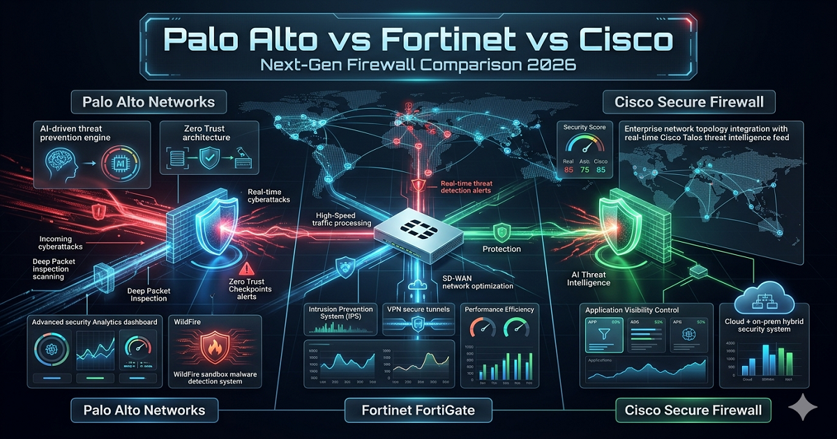 Palo Alto vs Fortinet vs Cisco firewall comparison showing enterprise network security dashboards intrusion prevention and next-generation firewall protection systems