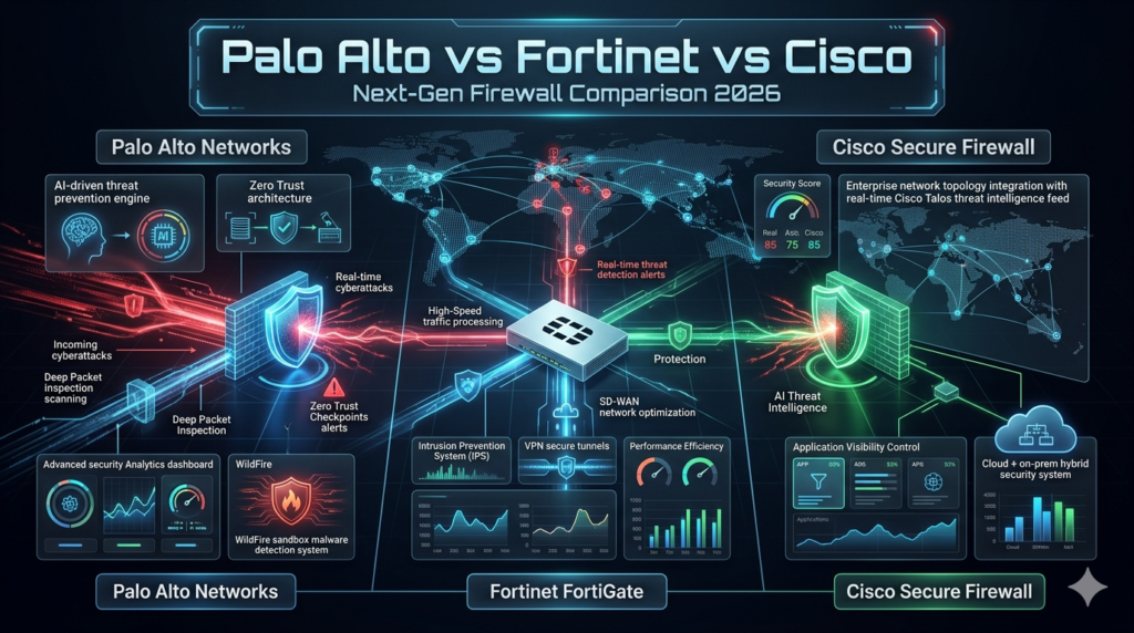 Three-way firewall comparison infographic showing Palo Alto Networks Fortinet FortiGate and Cisco Secure Firewall with network security features threat prevention and enterprise cybersecurity protection systems