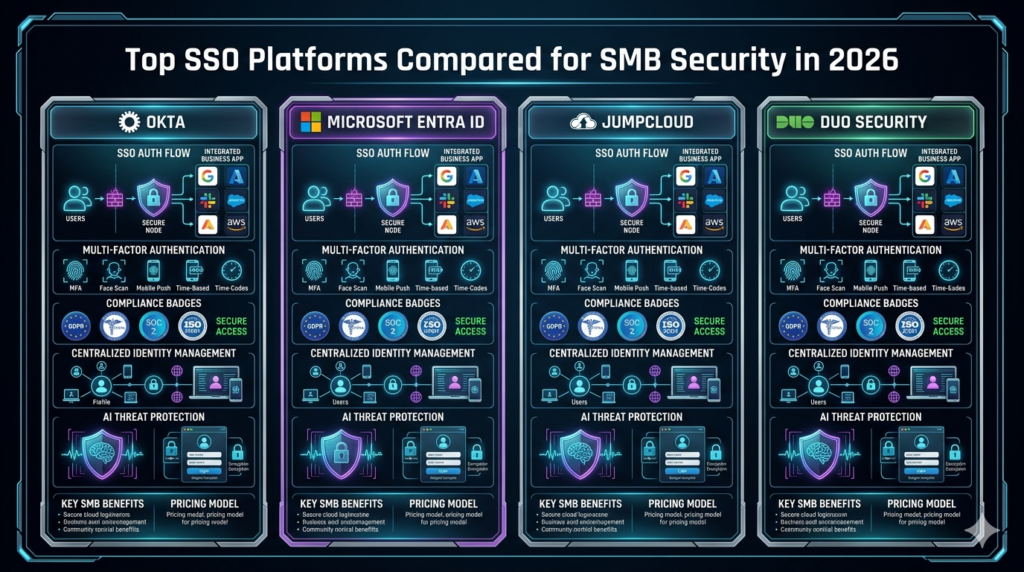 SSO software comparison dashboard for small business cybersecurity in 2026